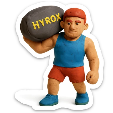 athlete with Hyrox sandbag on shoulder in claymation style sticker