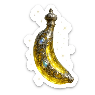 luxurious crystal elixir bottle in banana shape, banana yellow color, ornate silver and iridescent details, very small neck, seamless bottom, bottle clearly floating in air, no base or shadow, modern, collection style, extra magical glowing and sparkling effects sticker