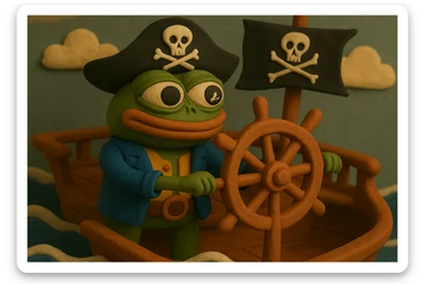 Ensure the exact skull and crossbones is clearly visible on both the pirate flag and the pirate hat in the claymation style image of Pirate Pepe the Frog at the helm of a pirate ship, waves and sky. sticker