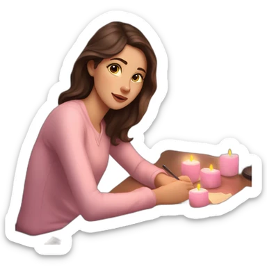 white girl with dark brown hair lights pink candles and studies at her desk sticker