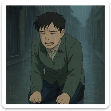 sad Asian man kneeling and crying in a rainy street, moody atmosphere sticker