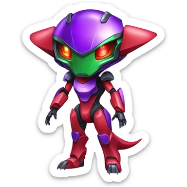 a shiny purple-green-red Genesect-Raptor-Fakémon—hybrid with a futuristic visor-helmet full body sticker