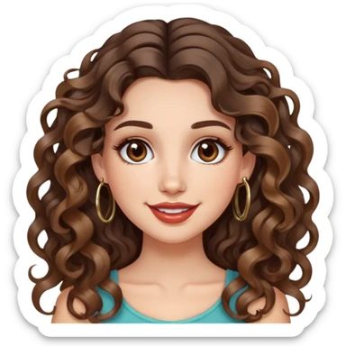 cute girl with not volominous VERY LONG curly/wavy brunette hair with balayage, brown eyes, full lips, cute makeup and hoop earrings white girl: happy face sticker