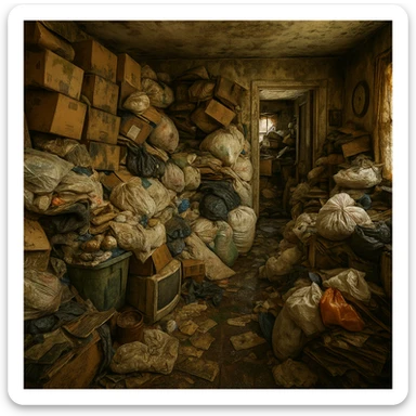 Add visible water damage to the cluttered hoarding house scene, including stained walls, warped floors, and mold, while keeping the same cluttered hoarding house theme and style as the original image. sticker