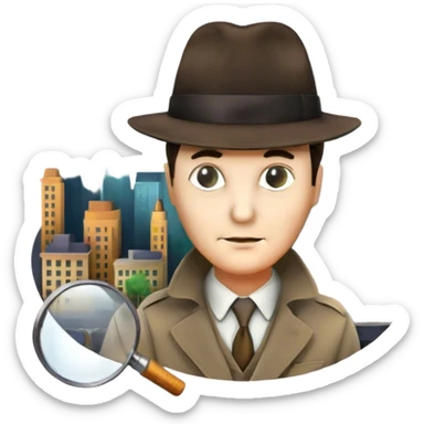 Icon for Detective Movies: A colorful collage featuring iconic detective elements—magnifying glass, a fedora hat, a cigarette, a shadowy figure, and a mysterious city backdrop. Include subtle clues like fingerprints or a crime scene. Retro movie poster style. Transparent background. sticker