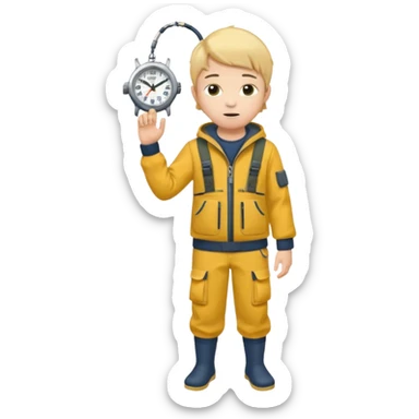 Boy in fishing suit looking at his wristwatch, full body sticker