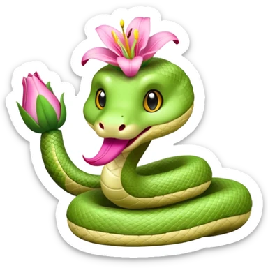 A cute, kind, furry snake doll
with a light green and white body
with a pink lily flower on its head
(no stinger in its mouth) sticker