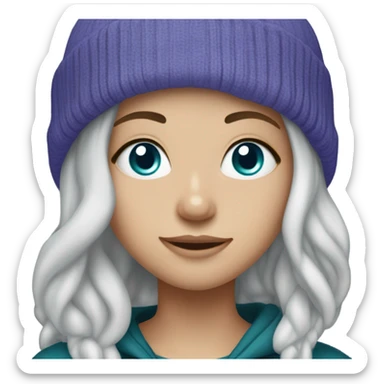 White girl, blue eyes, long teal hair, purple beanie hat, black hoodie, blue jeans, black shoes sticker