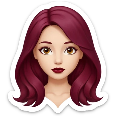 Draw a young glamorous woman with LONG dark burgandy cherry hair in a MIDDLE PART styled slightly wavy sticker