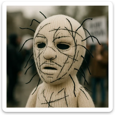 The mask is a full-head, white knitted balaclava with a tight ribbed texture. It features two asymmetrical eye openings and a partially exposed mouth area. Black thread is stitched across the surface in chaotic, abstract lines that trace facial features, giving a hand-drawn effect. Several black cords extend outward from the mask, varying in length and direction, adding a sculptural, almost organic appearance. The overall look is bold, handcrafted, and visually striking. sticker