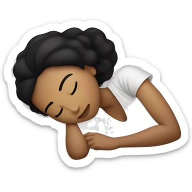 Sleeping woman laying with light brown skin and black hair laying on white pillow in large bed with black covers cozy sticker