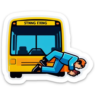 A person laying underneath a bus fixing sticker