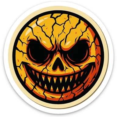 creepy scary emoji with cracks, sharp black outlines, expressive shadows and highlights, no gradients, only sharp color transitions, retro stickers style sticker
