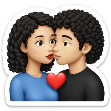 a light skin girl with medium black curly hair and a light brown boy with medium length black hair kissing emoji sticker