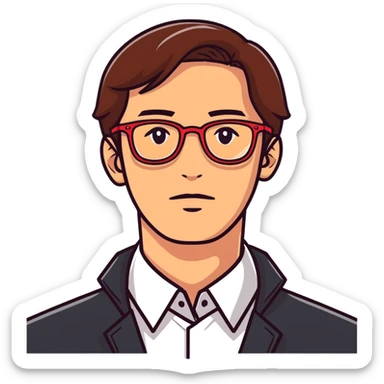 face of a man with a lot of brown hair and red glasses sticker