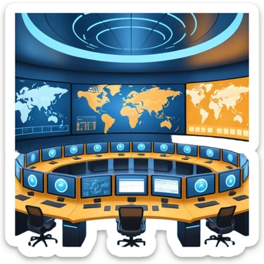 Cinematic mission control center, massive curved video walls with complex telemetry and glowing data visualizations, symmetrical high-tech workstations, dim blue and amber ambient lighting, sharp focus, hyper-realistic, atmosphere of absolute precision. sticker