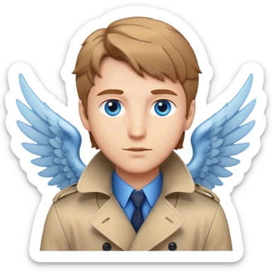 A male angel who has blue eyes and light brown hair, wearin trench coat  sticker