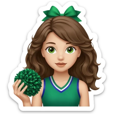 A pretty girl, her eyes is blue, her hair is brown long wavy hair, and wear green Hawkins cheerleader no sleeve uniform and hold pompom sticker