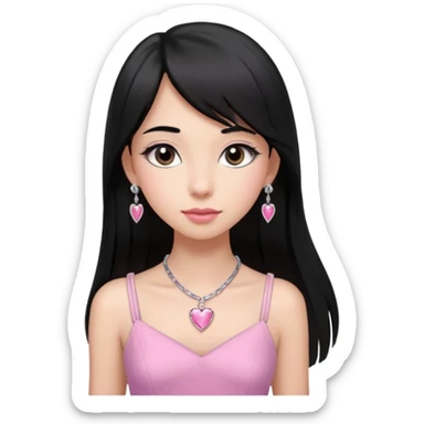 Cabelos pretos longos lisos ,com franja curvada .olhos pretos puxadinho para cima. Cílios longos curvados. Pele clara ,nariz pequeno ,lábios carnudos ,adolescente 16 anos ,vestido rosa de alça, colar de coração prata ,brinco de diamante sticker