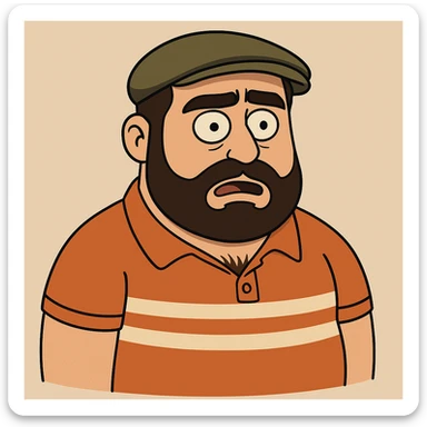 Make the character resemble the man in the reference photo more closely, focusing on facial features, eyebrows, beard and mustache shape, hat, and shirt details. Use a flat toon style like a cartoon. sticker