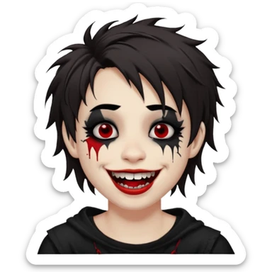 Laughing pale Goth boy with a bunch of face piercings, with shaggy dark brown hair, and messy black eyeliner , smudged, red, lipstick  sticker