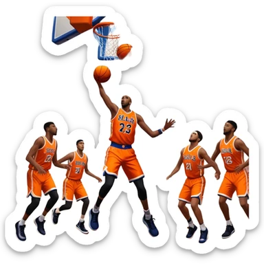 An icon showing a basketball court with players in action, inspired by NBA 2K25. A player jumps for a dunk, the ball mid-air, surrounded by a vibrant basketball arena with cheering fans and bright lights. Transparent background emphasizes the intense atmosphere sticker