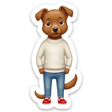 Brown dog standing upright with hands in jean pockets, wearing a white sweater and red shoes sticker