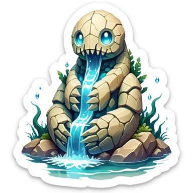 Design a unique elemental sandstone guardian golem creature that combines the crystalline rock golem's defensive fortitude with the spectral water serpent's fluid grace, perhaps creating a being with a segmented stone core that flows like water and channels ghostly aquatic energy through embedded gems. fluorescent bioluminescence between the cracks sticker