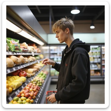 Justin Bieber checking out groceries at a supermarket, photorealistic style sticker