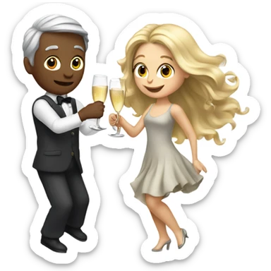 a boy with gray hair and a girl with long blond wavy hair dancing with a glass of champagne sticker