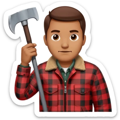 Man wearing buffalo plaid jacket with an axe sticker