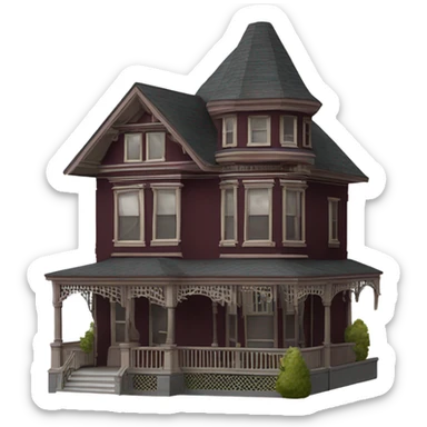Maroon victorian cedar sided house with 2 window roof perchs sticker