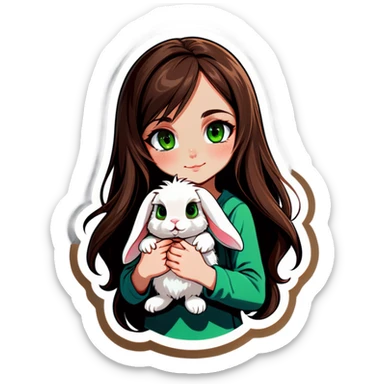 Long brown haired, green eyed girl holding a bunny. The bunny has floppy ears and has gray fur. sticker