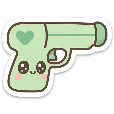 green heart pistol, kawaii style, cute face on the handle, big eyes sticker