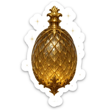 crystal luxurious elixir bottle in an oval shape inspired by a dragon egg, with scale patterns, lots of glowing, edges, ornaments, golden details, magical effects, very small golden neck, transparent background, beautiful merging bottom, clearly floating in the air, no base or shadow, very luxurious, magical, fitting a collection sticker