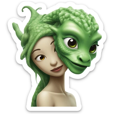 Photo realistic, alien female green, kissing and embracing china dragon sticker