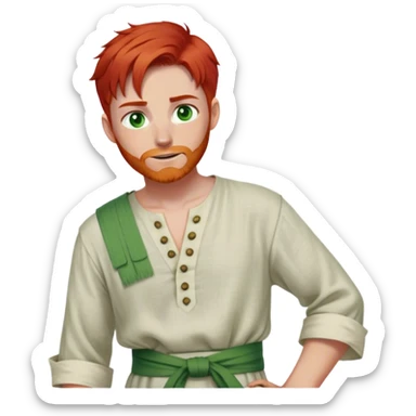 medieval spring outfit worn by a DnD themed fantasy male character. fine linen tunic with a buttoned neckline and a sash tied loosely at the waist. clothes only above the waist. The clothes full waist. The character's haven't arms. character is white-skinned, red hair, green eyes, short straight hair. sticker