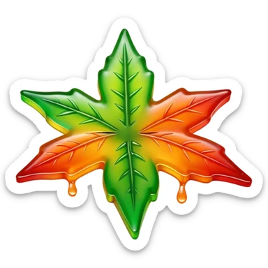 bright colorful gusher gummy shaped like a marijuana leaf with visible liquid center and liquid dripping sticker