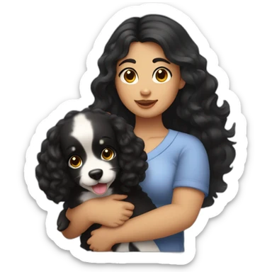chubby fair girl with extra wavy black hairs holding dog in her arms sticker