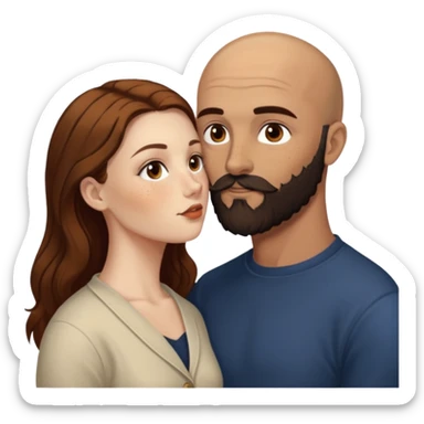 Couple. Bald man with dark brown-black beard. White woman with many small, faded freckles, she has white skin and she has auburn-brown-cinnamon, dark long hair. She has light brown eyes. The man have hazel eyes. She have light eyes. Retro style. She kisses him. Dark akademia. sticker