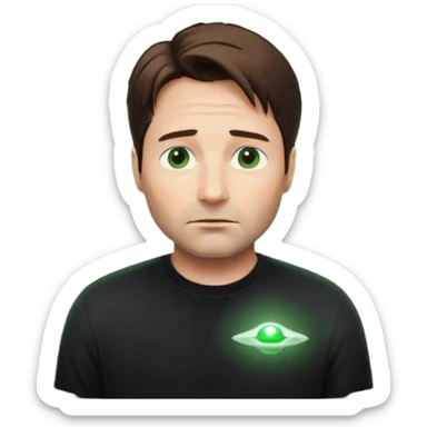 Mulder from the x-files looking very very worried (not trusting anyone today) while wearing a dark t-shirt with no markings. A green beam of light from a UFO illuminates him sticker