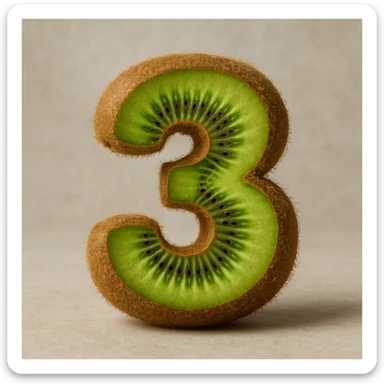 realistic textured number 3 made out of kiwi, showing fuzzy skin and green interior sticker