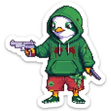 A cute half-dolphin half-penguin thug with a gun, green hoodie with blood stains, wearing Dollar General shorts sticker