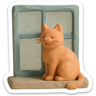 cat sitting on a windowsill, visible fingerprints, soft lighting, pastel colors, matte plasticine claymation style sticker