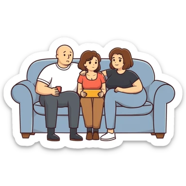 One Caucasian woman with brown hair big boobs wearing pants sitting on a couch with a bald man. sticker