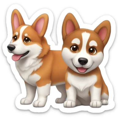 a red corgi puppy next to a husky puppy sticker