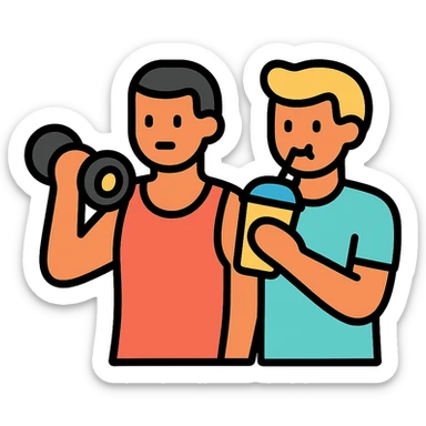 two gym buddies, one man working out, the other sipping a smoothie, icon style, simple and clear design sticker