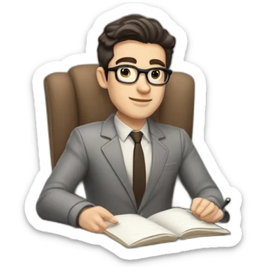 Pale skinned Fit Man With dark brown hair in gray jacket, beige office shirt and vintage glasses sitting In a soft chair with a notebook with emblem Ψ and a pen in his hands sticker