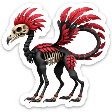 Rare realistic dark edgy tropical tribal patterned red-feathered skeletal badass epic handsome gorgeous aesthetic colorful vibrant black-skulled Vernid-Trico-species-Fakemon-creature by LiLaiRa, 4 legs, 1 tail, random markings, (full body) sticker