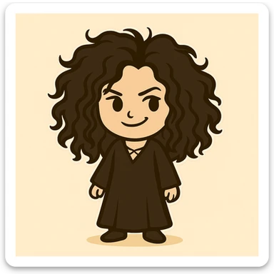Transform the character based on Hermione into Bellatrix: black, voluminous, messy, curly hair, mischievous expression, long black dress, maintaining the chibi sticker style as in the references, with a light beige background. sticker